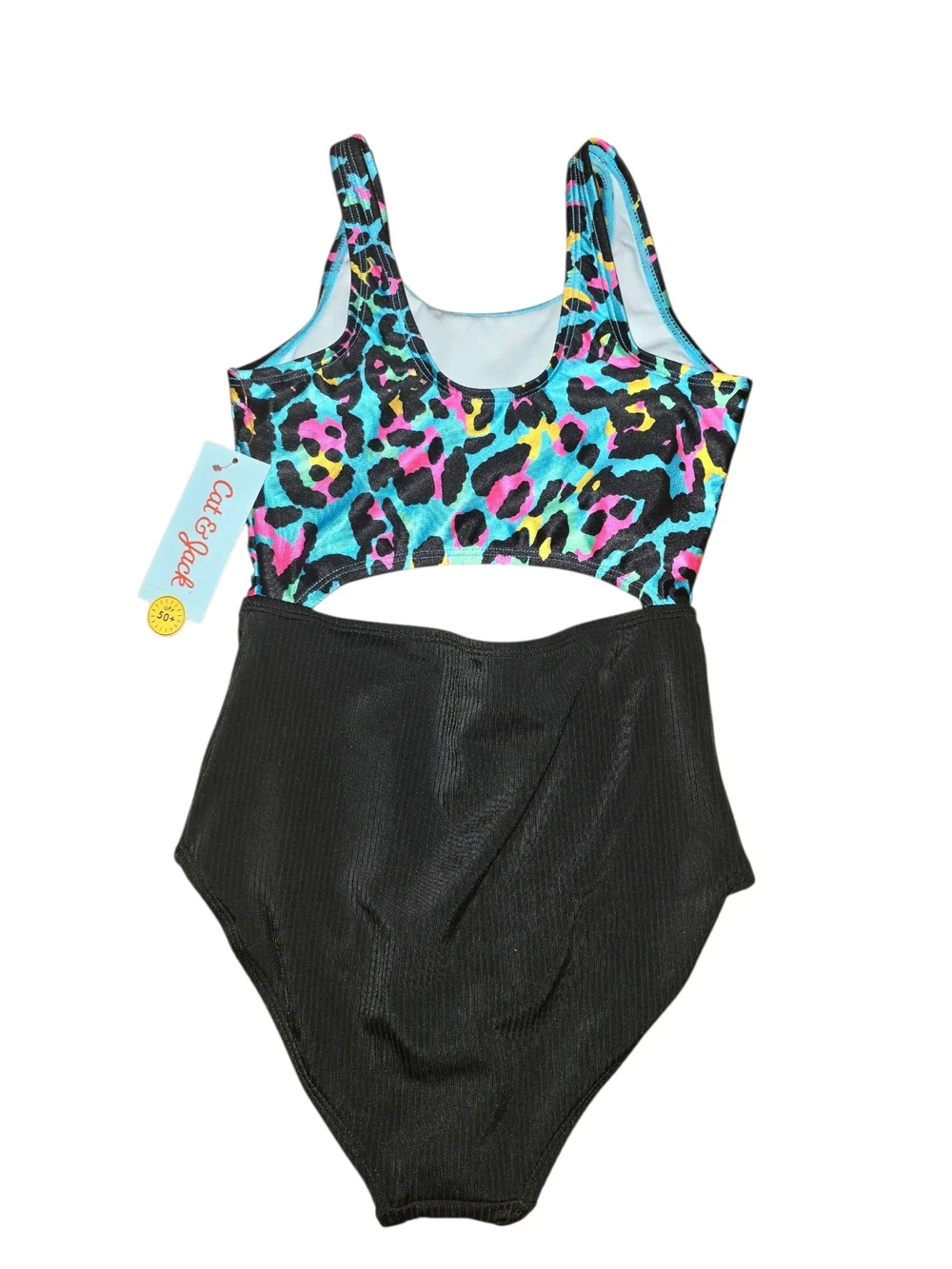 Girls' Black High-Waist One-Piece Swimsuit with Colorful Leopard Top